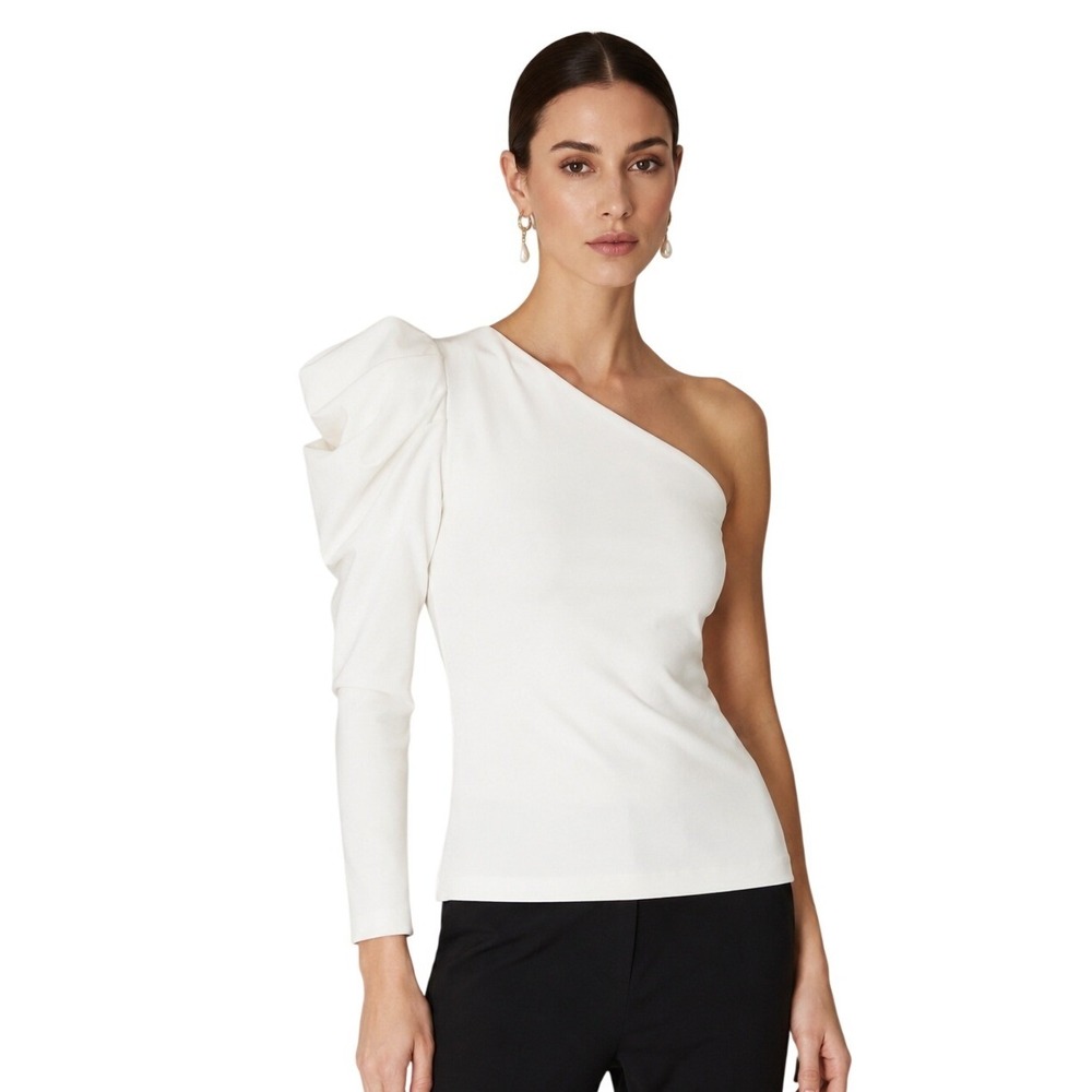 Julian Chang Irina Top White Medium One Shoulder Puff Sleeve NWT Flaws